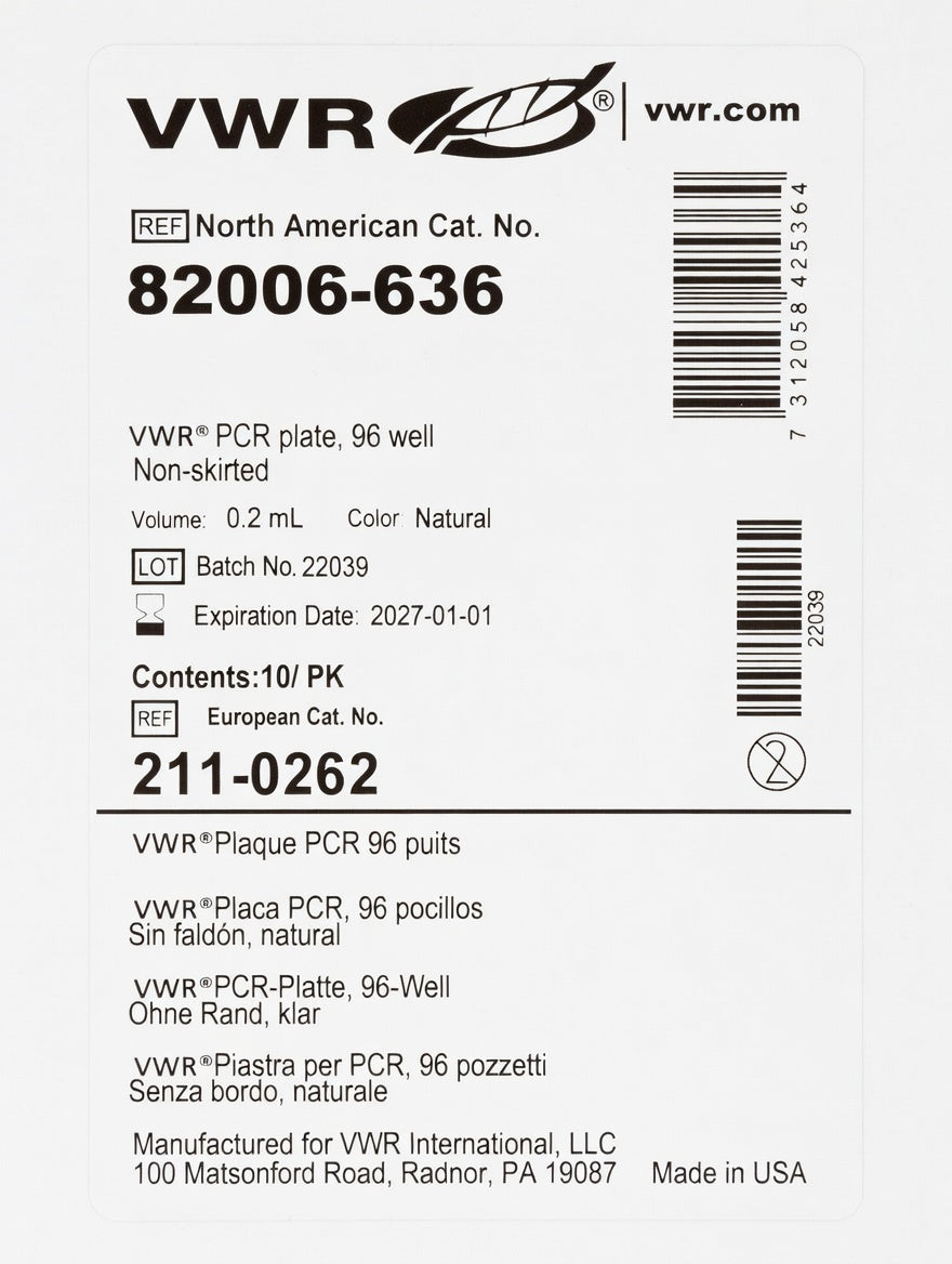 VWR® 96-Well PCR Plate, Non-Skirted, 0.2 ml – Brand New 100 unit(s) per Pack Qty