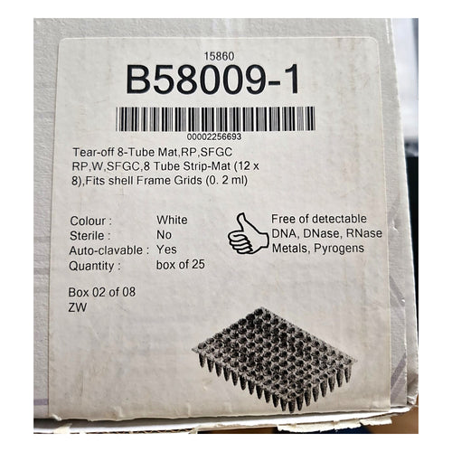 BIOplastics B58009-1 box label – Tear-off 8-Tube Mat, 0.2 mL, white, box of 25