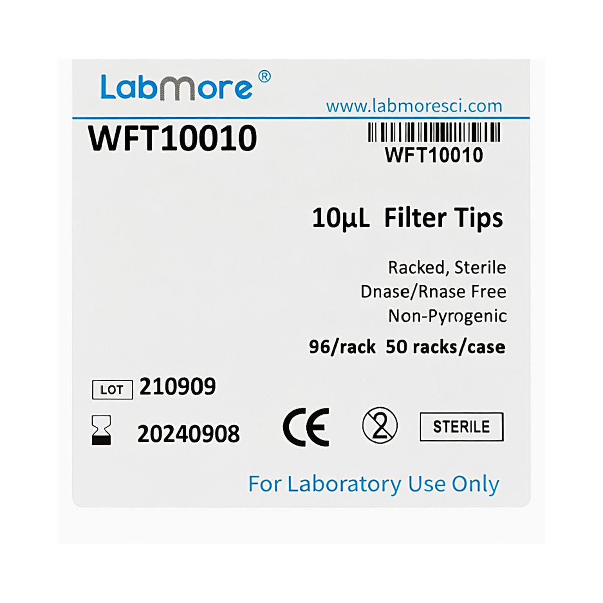 LabMore WFT10010 10 µL Filter Pipette Tips (50 Boxes, 4800 tips total) – Sterile, racked, original packaging – expired – label WFT10010