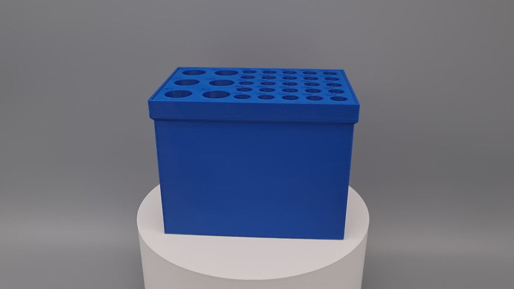 Tube Holder 6× 15 mL + 25× 1.5/2 mL Cryo Tubes (Screw Cap) – blue – in Tube Rack 100, video