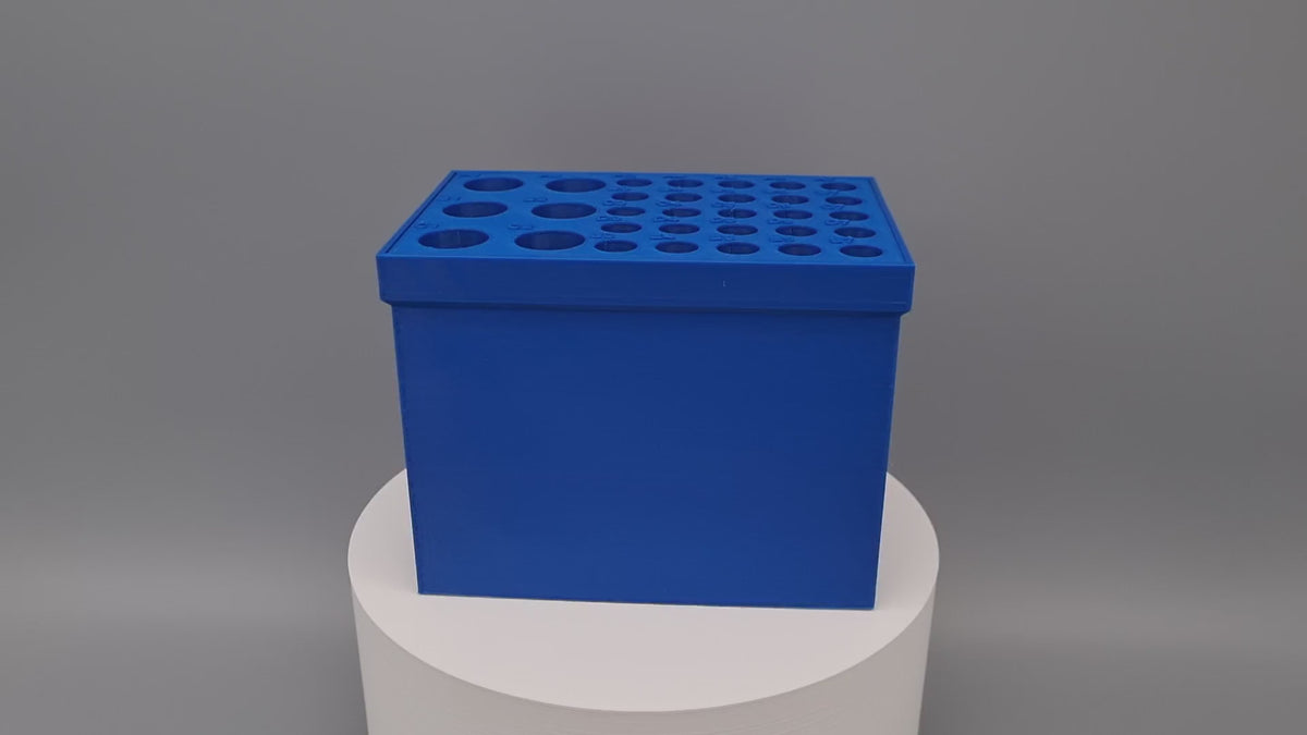 Tube Holder 6× 15 mL + 25× 1.5/2 mL Cryo Tubes (Screw Cap) – blue – in Tube Rack 100, video