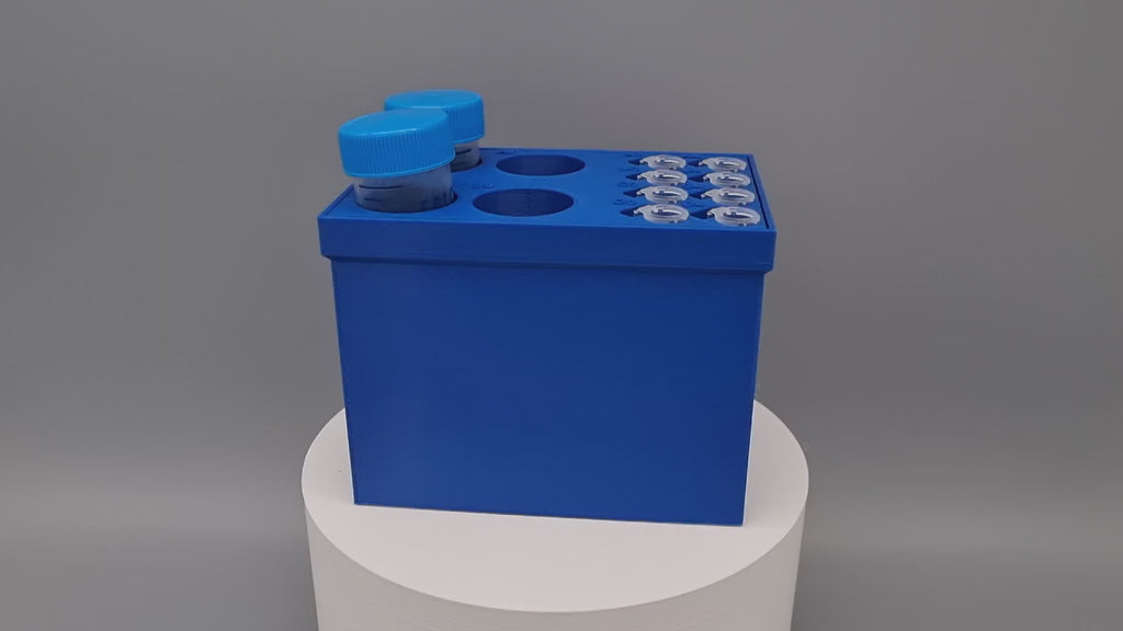Tube Holder 4× 50 mL + 8× 1.5/2 mL Flip Cap – blue – in Tube Rack 100, video