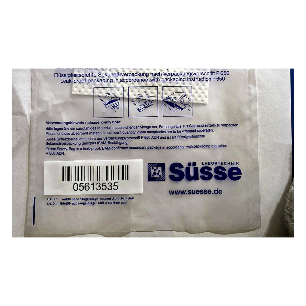 Süsse UN3373 safety bag – instructions for use, barcode and Art. No. 64490 / H64490