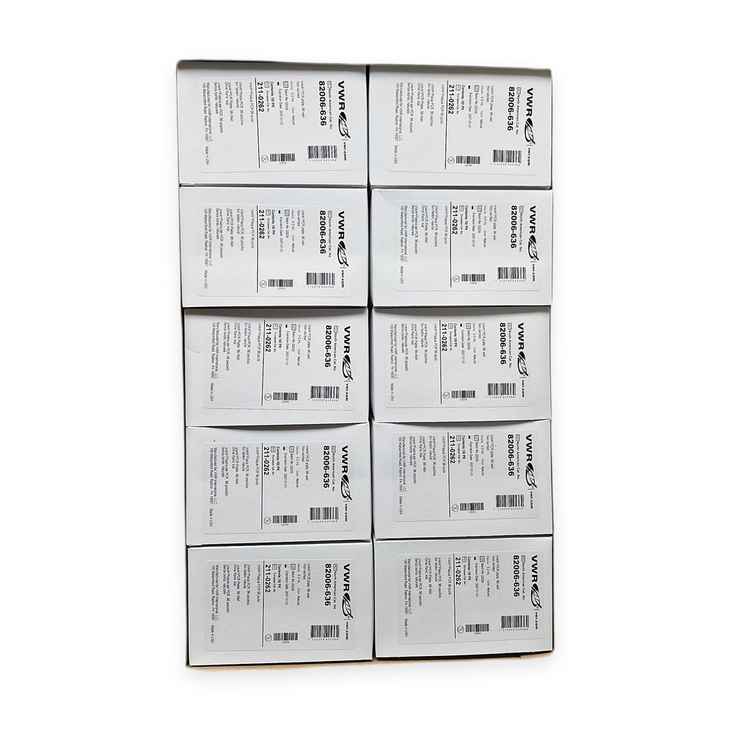 VWR® 96-Well PCR-Platte, ungesäumt, 0,2 mL – Neu 100 Stück pro Packung Meng. – geöffneter Karton mit 10 Packungen