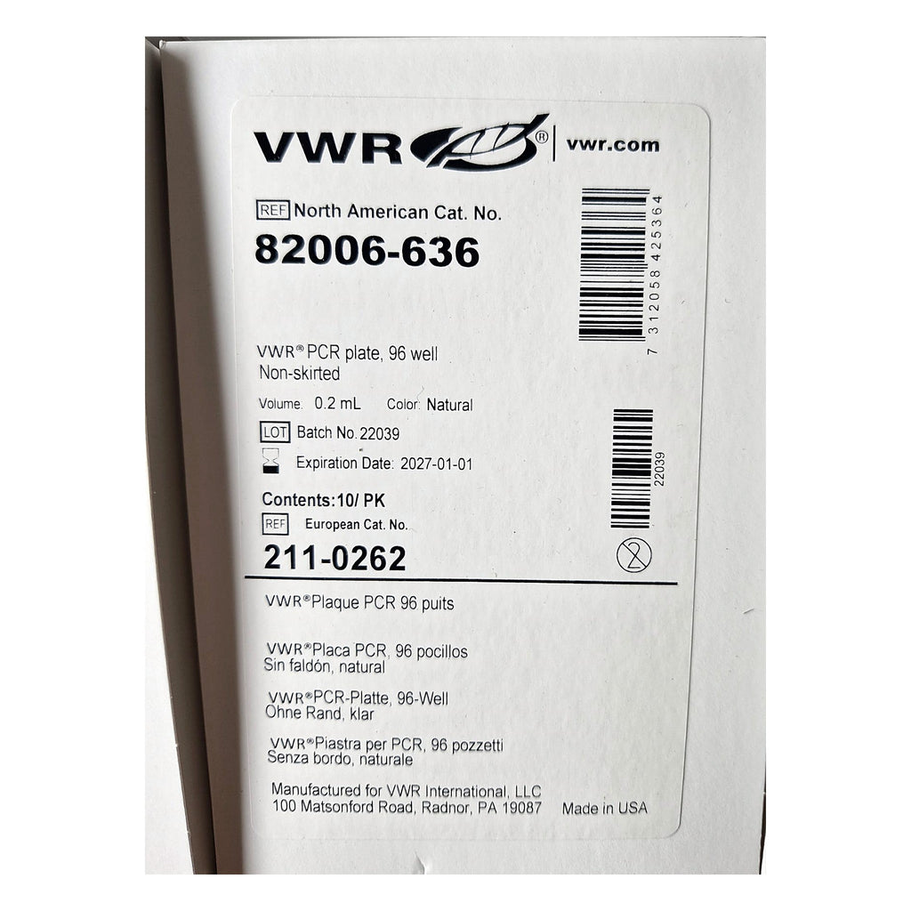 VWR® 96-Well PCR-Platte, ungesäumt, 0,2 mL – Neu 100 Stück pro Packung Meng. – Packungsetikett