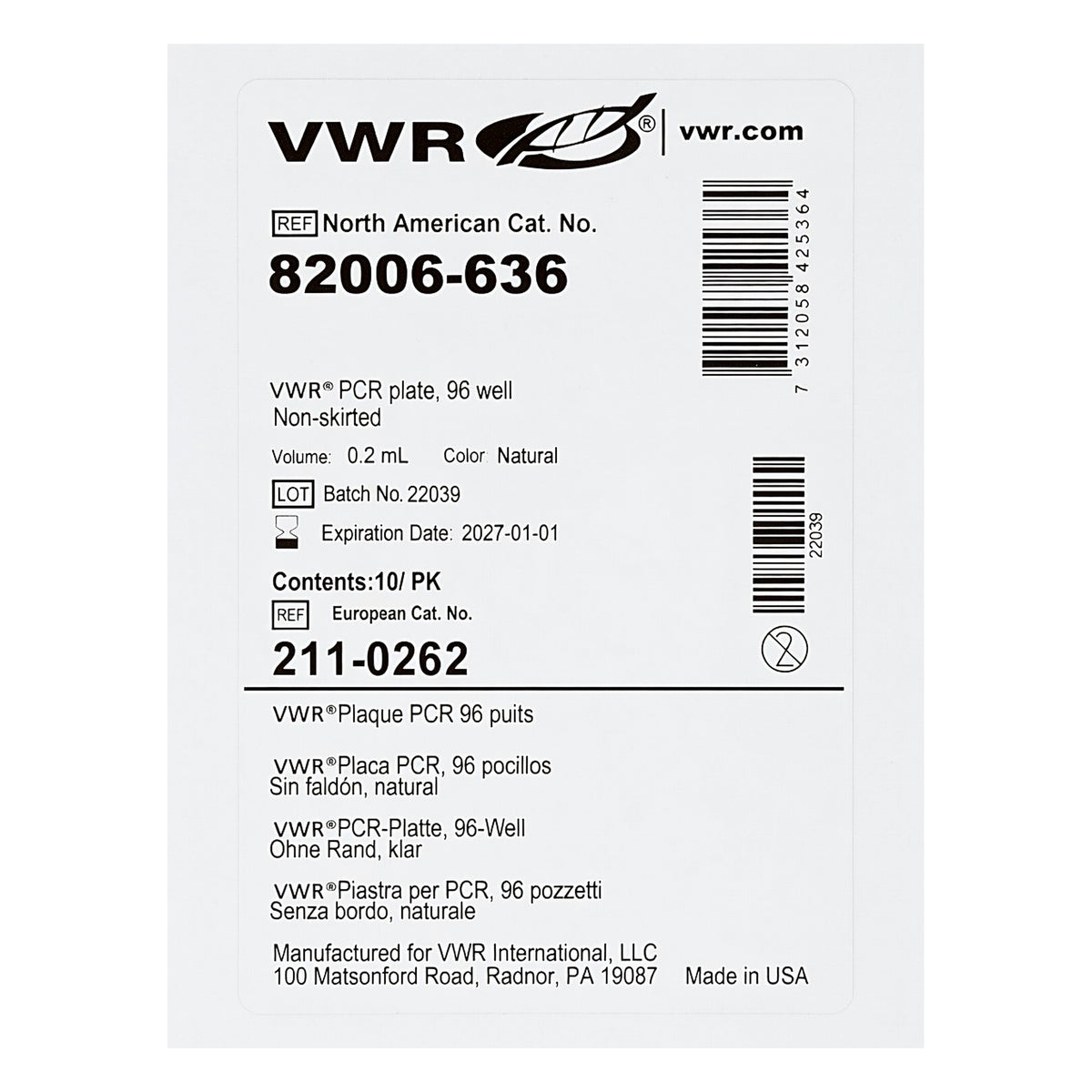 VWR® 96-Well PCR-Platte, ungesäumt, 0,2 mL – Neu 100 Stück pro Packung Meng. – Etikett, Nahaufnahme